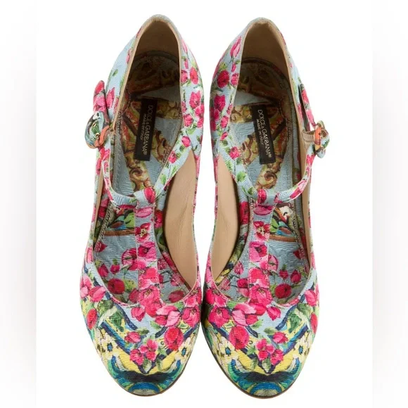 Dolce & Gabbana Floral Print T-Strap Pumps - 38.5 - RARE - Picture 3 of 5